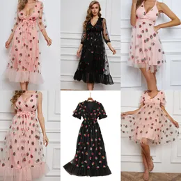 ISAROSE 2021 Strawberry Dress Women Fashion Deep V Puff Sleeve Sweet Voile Mesh Sequins Embroidery French Party Dresses 4XL 5XL X0629