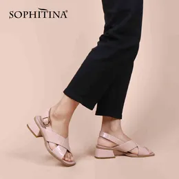 SOPHITINA Sandals Woman Cross Design Genuine Leather Round Toe Buckle Strap Slingbacks Med Square Heel Daily Big Size Shoe PC955 210513