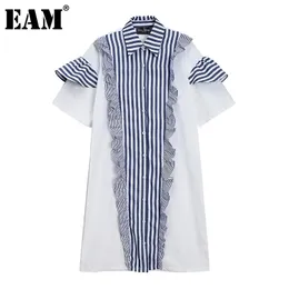 [EAM] Женщины Blue Striped ruffles большой размер рубашки рубашки платье отворота половина рукава свободная подходящая мода весна лето 1dd7662 210512