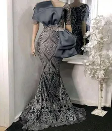 Luxury Gray Sequins Mermaid Evening Dresses With Short Sleeves Big Bow 2022 Sparkly Elegant African Dubai Long Prom Party Gowns Special Occasion Dress Custom Made