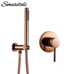 Smesiteli Rose Gold Handheld Shower Head Hose Bracket Holder With Shower Valve Kit Solid Brass Polished Bathroom Shower Set H1209