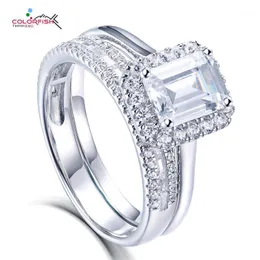 Klaster Pierścionki Colorfish 1.5CT Zestawy Luksusowe Szmaragd Cut Gem Solid 925 Sterling Silver Wedding Band dla Kobiet Zaręczyny Biżuteria Party Prezent