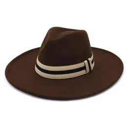 Kvinnors hattar fedora big birm 9,5 cm bältband klassisk formell klänning filtade hattar män kvinnor gul röd rosa svart sommar vinter hattar