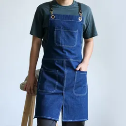 Önlükler Katı Denim Cafe Shop Ev Temizleme Kadınlar Önlük Tuval Master Mutfak Aksesuarları Pişirme Pişirme Cep Şef Pinafore