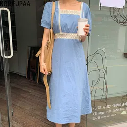 Korejpaaの女性のドレス夏の韓国のシックなフランスのエレガントな気質スクエアネックの中空かぎ針編みの腰の袖袖vestidos 210526