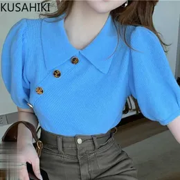 Puff Short Sleeve Women Sweater Cardigan Spring Knitwear Buttons Turn-down Collar Knitted Tops 6E967 210603