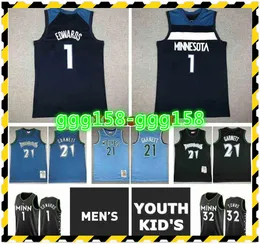 2021 Mens Gençlik Çocuklar Minnesotan Basketbol Forması 21 Kevin Garnett 1 Anthony Edwards 32 # Karl Towns Etiketleri ile Formalar Dikişli