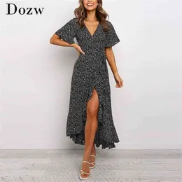 Vintage Drukowane Długie Maxi Sukienka Kobiety Lato Boho Beach Split V Neck Krótki Rękaw Ruffles Casual Warp ES 210515