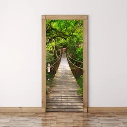 3D наклейка двери лесная настенная роспись искусства зеленое дерево DrawBridge обои наклейки плаката самоклеющиеся съемные домашние двери наклейки 210317