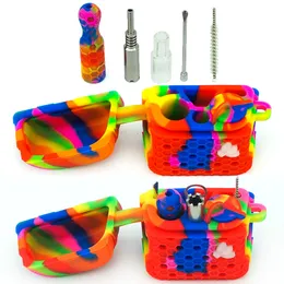 DHL 6 in1 Silicone Pipes Kit Tobacco Bag With Titanium Nail And Dabber Tool Storage Jar Metal Dabber Pipe One Hitter Smoking Accessories