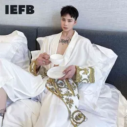 IEFB Satin High-end Personality Korean Japanees Trend Robe Wearing Windbreaker Mid Length Men's Coat Black White 9Y6535 210819