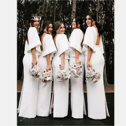 2021 Satin Arabiska sjöjungfru brudtärna klänningar V Neck Backless Back Slit Half Trumpet Sleeve Garden Country Wedding Guest Gowns Maid of Honor Dress