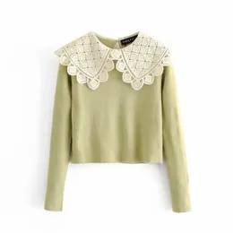 Vintage Woman Peter Pan Collar Patchwork Sweaters Spring Autumn Fashion Ladies Soft Lace Knitwear Girls Sweet Knitted Tops 210515