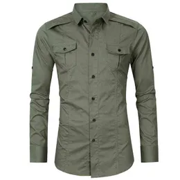 Parklees 2021秋の戦術的な貨物作業綿の男性のシャツ長袖二重ポケットの軍事スタイルソリッドシャツスリムカミサスG0105