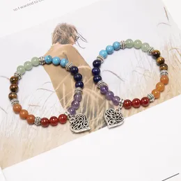 Natural Stone Agate Crystal Beaded Strands Bracelet Men Women Peach Heart Shaped Charm Seven Chakras Hand Chain Bracelets Wholesale