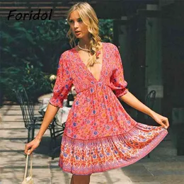 Elegant Floral Print Summer Dress Lace Up Backless Sun Beach Boho Mini Casual Fashion Vestidos Mujer 210427