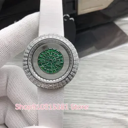 Classic Brand Silver Full Iced Diamonds watches Women Stainless Steel Quartz Wristwatch Lady Geometric Green Gem Dial 38mm