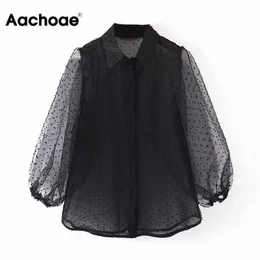 Aacoee ponto bordado mulheres organza blusa lantren manga negra ver através do chique top casual giro para baixo camisa de colarinho blusas 210323