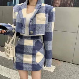 Ekose Yün Etek Takım Elbise Kadın Bahar Sezonu Mizaç Hong Kong Stil Retro Chic İki Parçalı Etek 210730
