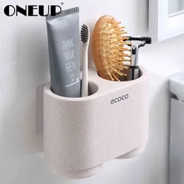 ONEUP Magnetischer Adsorptions-Zahnbürstenhalter, einfacher Zahnpasta-Aufbewahrungsständer mit Waschbecher, stanzfreie Badezimmer-Sets 210322