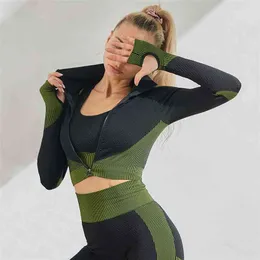 NORMOV Seamless Women Gym Set Yoga 2/3 Pieces Zipper Long Sleeve ShirtsHigh Wait Leggings Sport Clothes Suit 210813