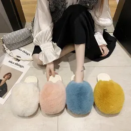 Solid Furry Fur Mules Women Closed Toe Mink Slippers Ladies Plush Winter Shoes Fleeces Pantuflas Lovely Flat Cotton Slides