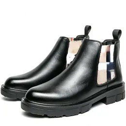 Chelsea Boots kostki moda Botines 2021 nowe solidne męskie buty wiosna jesień Slip on zwięzły bankiet okrągłe Toe PU skóra klasyczna wygodna sukienka DH555-1