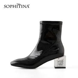 Sophitina Square Toe Ankel Boots Kvinnor Sweet Crystal Square Hing Heel Höst Mode Bootie Ladies Vinterklänning Skor PO722 210513