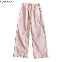 XUANHAO Stile Lolita Giapponese Donna Capris a Vita Alta Rosa Nero Albicocca Pantaloni di Cotone Carino Kawaii Dolce Anime Pantaloni a Gamba Larga Q0801