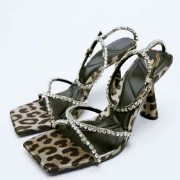 Kvinnor Sandaler Sandalias de Tacn Alto Con Diamantes imitacin para mujer zapatos leopardo sexys correa en el tobillo calzado fiesta 0211