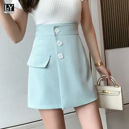 LY VAREY LIN Summer Casual Female Solid Color A-line Single Breasted Short Skirt Women High Waist Asymmetrical Mini Skirts 210526