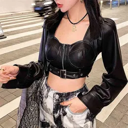 Streetwear Women Faux Leather Jackets Fashion Ladies Zipper Sashes Coats Sexy Female Chic Square Collar Short Jacket 210430