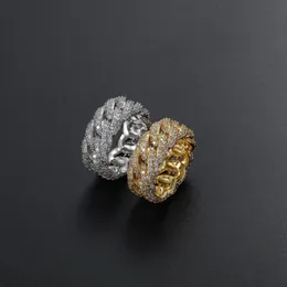 10mm Hip Hop 2 Rows CZ Stone Bling Iced Out Round Cuban Chain Finger Rings for Men Rapper Ring Jewelry Gold Silver Color