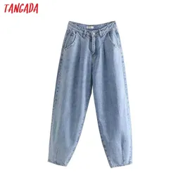 Tangada fashion women loose mom jeans long trousers pockets zipper loose streetwear female blue denim pants 4M38 210706