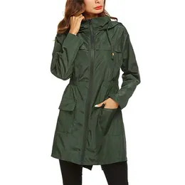 Women Wind Jacket Rain Coat Basic Style Zipper Pockets Long Sleeve Hooded Windbreaker Waterproof Hiking Outdoor Plus Size 210922