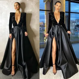 2022 Sexy Bling Black Split Side Evening Prom Dresses African Long Sleeves V Neck Sequined Top A Line Special Occasion Prom Gown