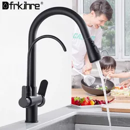 Filtered Crane For Kitchen Matte Black Pull Out Spray 360 Rotation Water Filter Tap Three Ways Sink Mixer Kitchen Faucet 210724