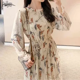 봄 중간 송아지 쉬폰 드레스 여성 빈티지 플로랄 드레스 Femal Loose Long Sleeve Dresses 플레어 슬리브 로브 Femme 7150 50 210518