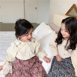 Koreanska stil tjejer vår broderi turndown krage blusar mode casual barn långärmad tröjor toppar 210615