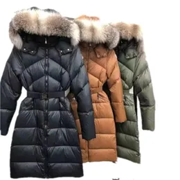 Damska Kurtka Damska Kurtki zimowe Kurtki Zimowe Wysokiej Jakości Fox Obroże Znosić Płaszcze Outdoor Długie Style Moda Belt Zipper Z Tagami I Etykietą Ciepłe Kurtki Wiatroszczelne