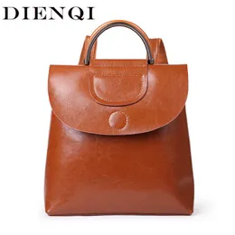 Dienqi Echtes Leder Frauen Rucksäcke Schulter Tasche 2019 Luxus Weibliche Rucksack Schul Braun Vintage Laies Rucksack für Mädchen Q0528