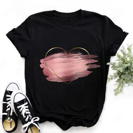 Wvioce Heart Flower Print Womens T-shirt Women Short Sleeve Female Casual Soft Round Neck Black Top Ladies 12050