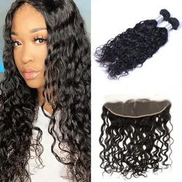 Indian Human Hair Water Wave 2 Bundles with Lace Frontal Pre Plucked Wet and Wavy Remy Extensions