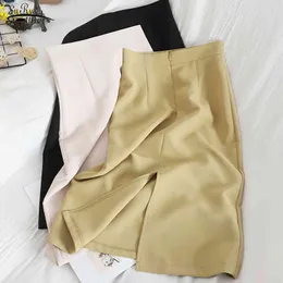 High Waist Solid Straight Elegant Split Skirt Highstreet Midi Skirts Women Spring Summer Candy Color 13555 210521