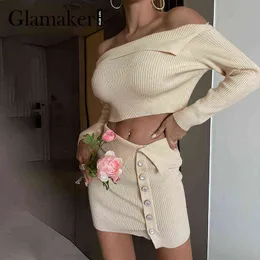 Glamaker ZA Casual bare shoulder knitted skirts suits Elegant sweaters soft and buttons skirt Winter High street warm dresses 211119