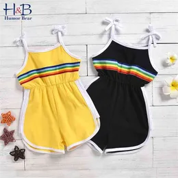 Mode sommar pojke tjejer ärmlös sling jumpsuit sport toddler stripe printing barn kläder 210611