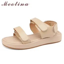 Meotina Shoes Women Genuine Leather Sandals Flat Sandals Round Toe Cow Leather Ladies Footwear Summer Apricot Beige Fashion 210608