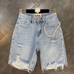 Fabpop verão beadings cadeia lavada lava luz azul joelho jeans jeans meia jeans calças mulheres streetwear GB294 210709