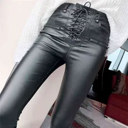 Kobiety Spodnie Moda PU Skórzane Spodnie Sznurowane Wysoką Talię Skinny Ołówek Zipper Mankiet Faux Kobiece Spodnie 904F 210915