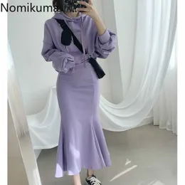 Nomikuma Koreanska Kvinnor 2Pieces Outfits Causal Hooded Pullover Sweatshirt + Hög midja Slim Ruffle Split Mermaid Skirt Sets 6c925 210427